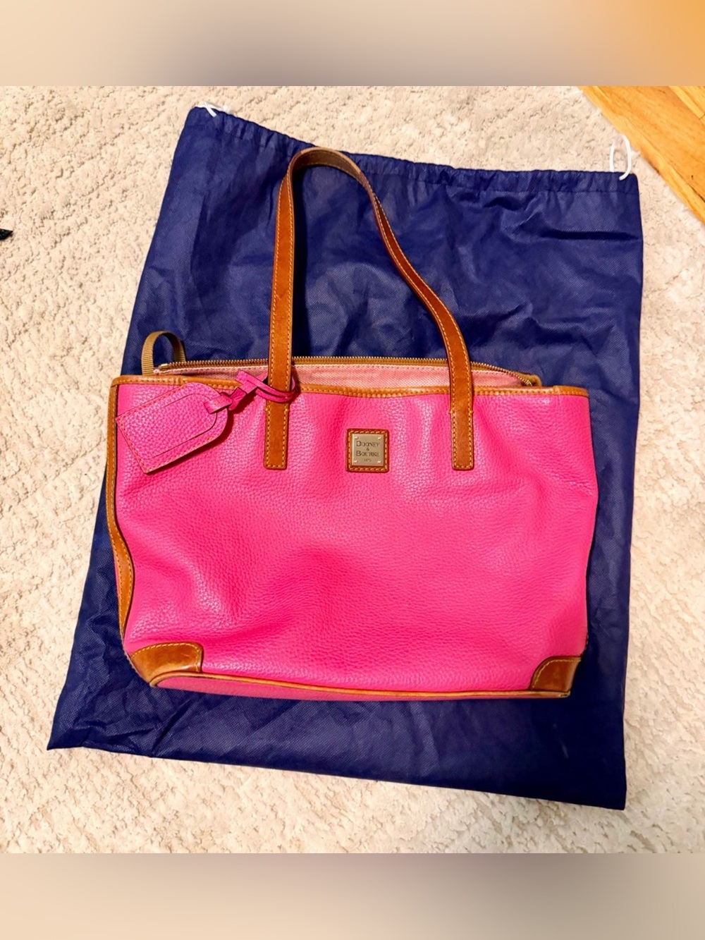 Dooney & Bourke Hot Pink Pebble Leather Tote with Brown Trim Vintage